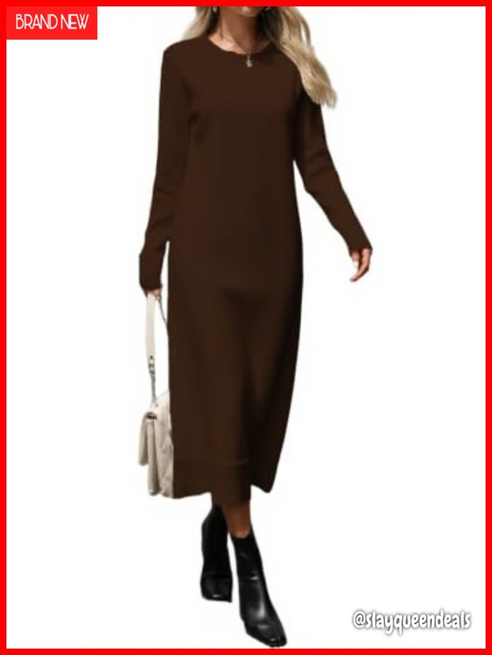 Long Sweater Dress Crew Neck Long Sleeve Knit Midi Casual Fall Winter